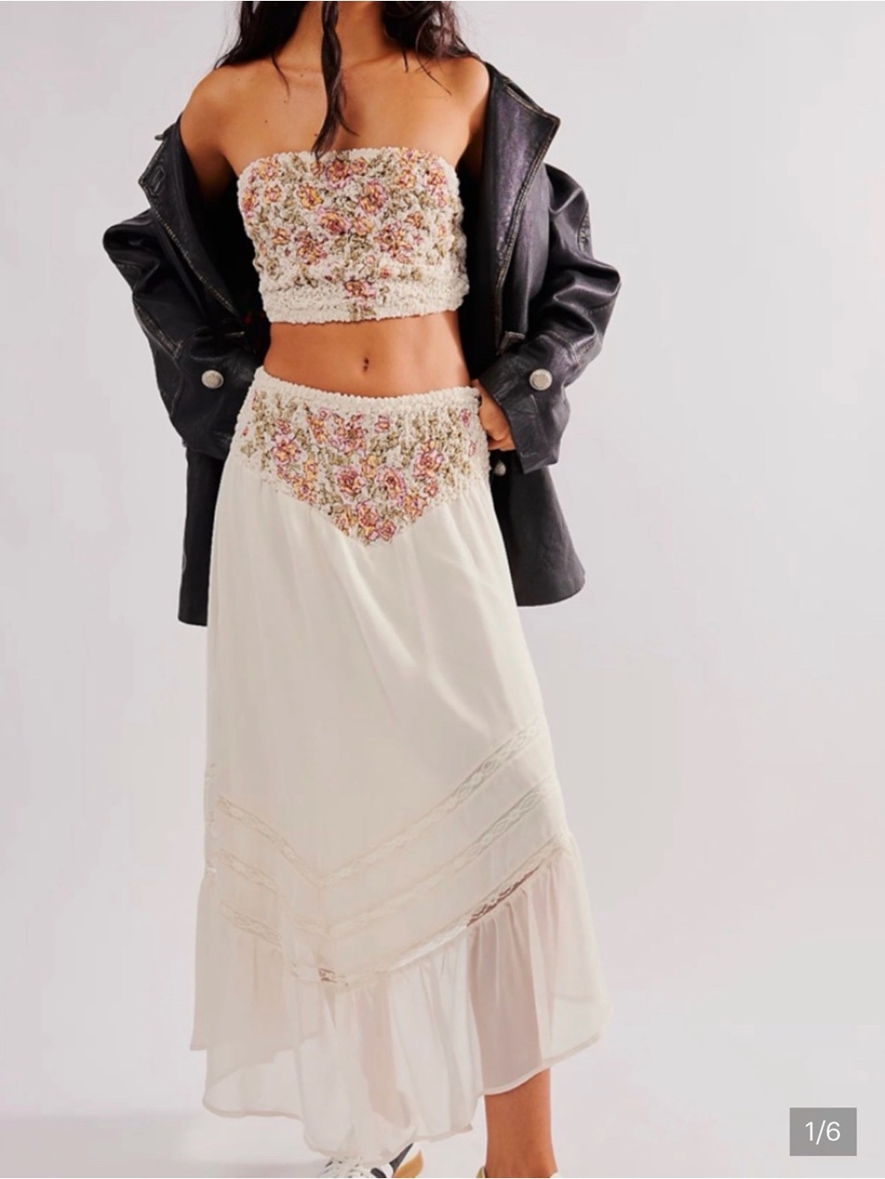 Free People Cream Midi Skirt Set with Floral Embroidery